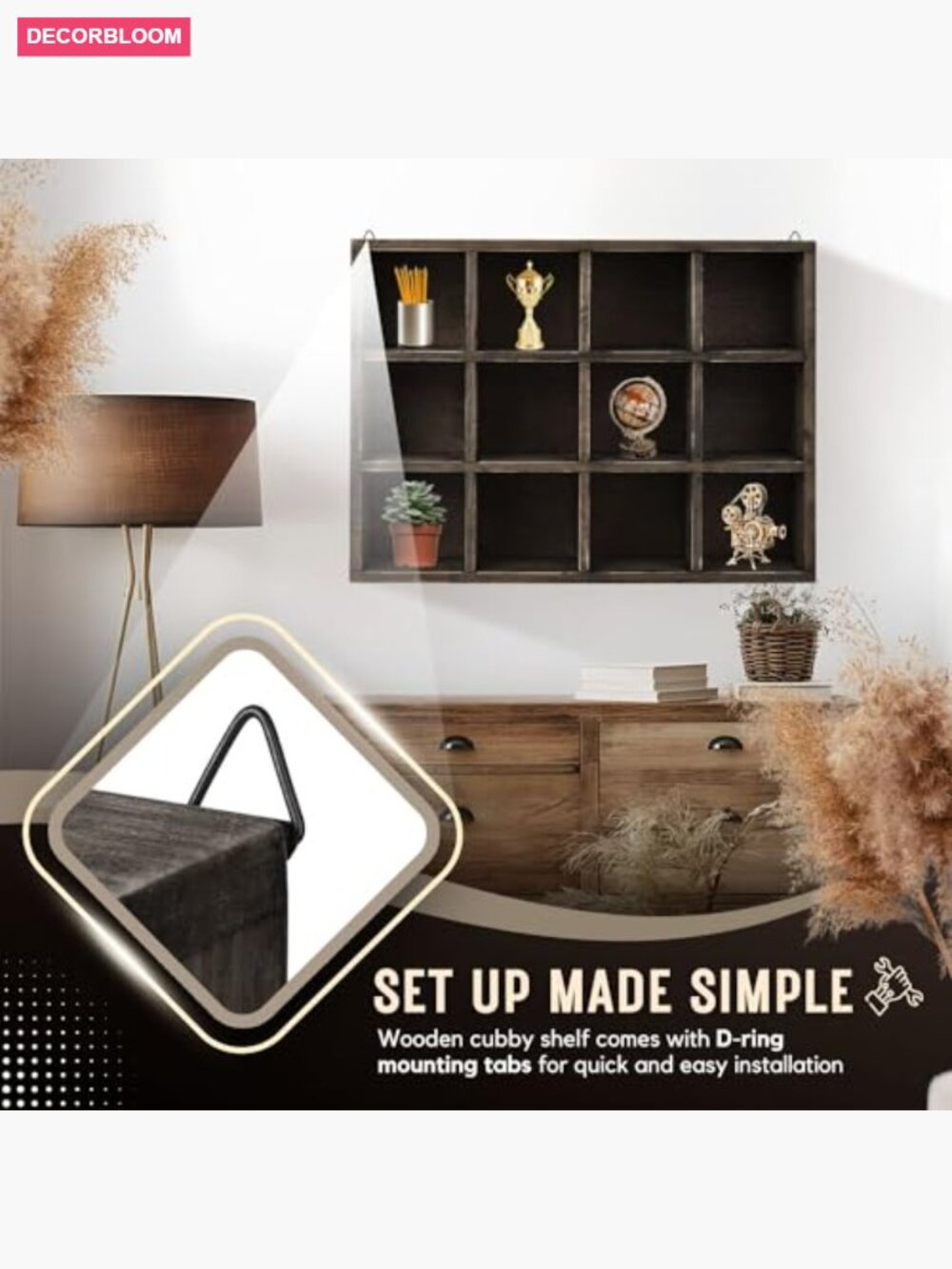 12-Compartment Rustic Wood Cubby Wall Shelf for Collectibles Display - Picture 6 of 7